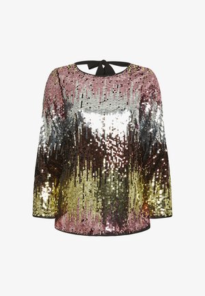 Top en sequins avec un design dégradé en rose, argent et or. Manches longues, col rond et un lien noir à l'arrière.