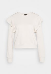 Sudadera color crema con mangas largas, diseño de hombro caído y acentos con volantes en las mangas. Tela suave y cintura ajustada.