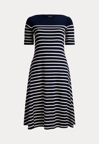 Navy and white striped dress with short sleeves, a boat neckline, and a flared skirt. Made of soft fabric with a smooth texture.