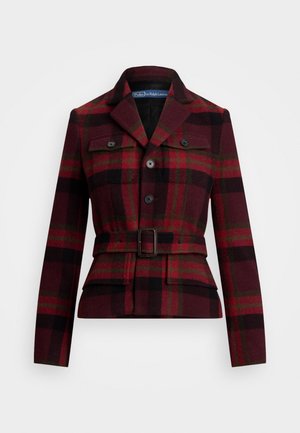 Bordeaux plaid jakke med sorte og grønne detaljer, med en bælte i taljen, slagkrave og to forlommer med knapper.