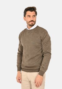 Maglione lavorato a maglia marrone con scollo a girocollo, maniche lunghe e polsini e orlo a costine. Indossato sopra una camicia bianca con colletto, mostrato su un modello.