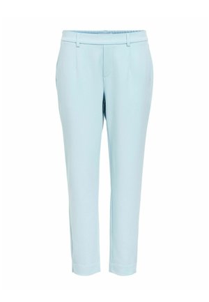 Heledad sinised püksid, mis on valmistatud siledast kangast. Omab kohandatud disaini, eesolevaid taskuid ja kitsenevaid põhjasid väikeste lõigetega.