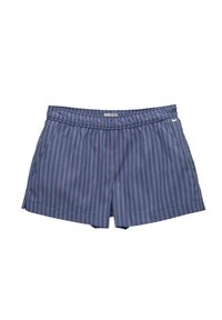 Bañador a rayas en azul oscuro con líneas rosa claro. Cintura elástica, bolsillos laterales y dobladillo redondeado. Fabricado en tejido ligero.