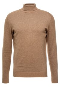 Pull à col roulé marron en tissu maille douce. Comprend des manches longues, une silhouette ajustée, avec des détails côtelés aux ourlets et au col.