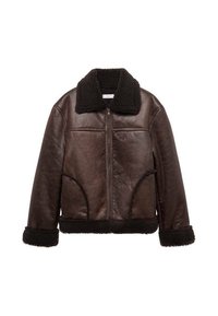 Jachetă din blană de miel maro, cu fermoar frontal, guler mare și accente din fleece texturat la manșete și jos. Dispune de două buzunare laterale.