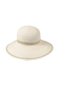 Sombrero de ala ancha en crema con un diseño texturizado y tejido. Cuenta con una banda decorativa con un patrón sutil alrededor del centro.