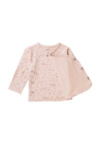 Langärmliges pinkes Hemd aus weichem Stoff, mit floralem Muster, Druckknöpfen an der Seite und überlappendem Frontdesign.