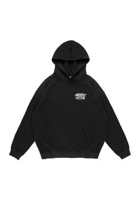 Czarna bluza z kapturem, z przednią kieszenią i regulowanym kapturem. Na lewej górnej części klatki piersiowej znajduje się biały napis z logo. Miękka, teksturowana tkanina.