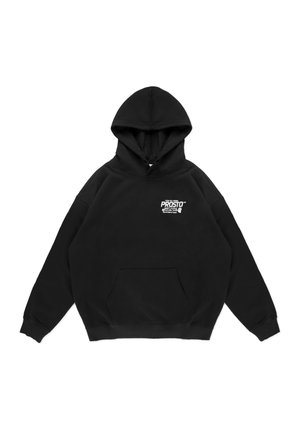 Czarna bluza z kapturem, z przednią kieszenią i regulowanym kapturem. Na lewej górnej części klatki piersiowej znajduje się biały napis z logo. Miękka, teksturowana tkanina.