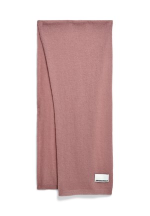 Soft, dusty pink knit scarf folded with a small white label patch reading "ARMEDANGELS" at the bottom corner.