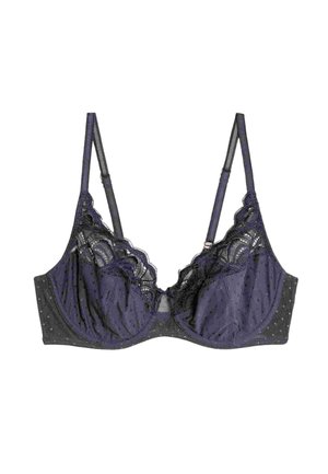 Reggiseno viola a pois con bordi in pizzo. Materiale morbido, supporto con ferretto, spalline regolabili e dettaglio a chiave al centro davanti.