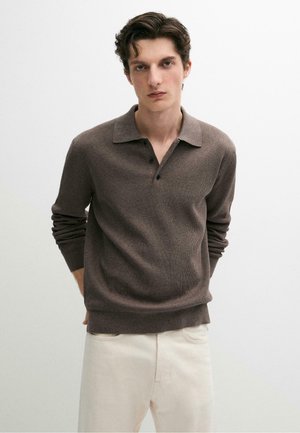 Junger Mann mit kurzen dunklen Haaren, der einen braunen langärmligen Polopullover und hellbeige Hosen vor einem schlichten weißen Hintergrund trägt.