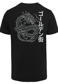 Schwarzes T-Shirt mit einem großen weißen Drachendesign auf dem Rücken und japanischem Text an der Seite. Aus Baumwollstoff, rundem Ausschnitt und kurzen Ärmeln.