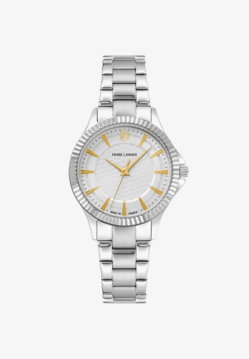 Sidabrinis nerūdijančio plieno laikrodis su tekstūruotu baltu ciferblatu, auksiniais valandų žymekliais ir grioveliuotu rėmeliu; turi metalinę grandinėlę.