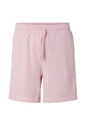 Hellrosa Baumwollshorts mit elastischem Bund und vorne gebundenem Kordelzug, dargestellt vor weißem Hintergrund.