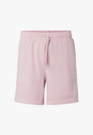 Hellrosa Baumwollshorts mit elastischem Bund und vorne gebundenem Kordelzug, dargestellt vor weißem Hintergrund.
