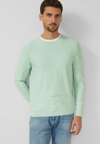 Man draagt een lichtgroene trui met lange mouwen over een wit overhemd en blauwe spijkerbroek, staande tegen een effen lichtgrijze achtergrond.