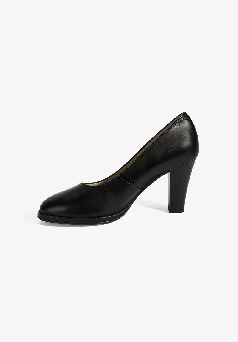 Zwarte leren pump met een ronde neus en een mid-height blokhak. Glad oppervlak, minimale stiksels en een lichte glans op de oppervlakte.