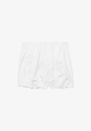 White off-the-shoulder top made of lightweight fabric, featuring floral embroidery and gathered design along the elasticated neckline.
