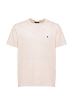 Maglietta girocollo a maniche corte di colore beige chiaro tinta unita con piccola lettera "D" nera ricamata sul petto a sinistra.