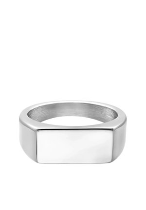 Silver rectangular signet ring with smooth polished surface and flat top, viewed from front on white background.