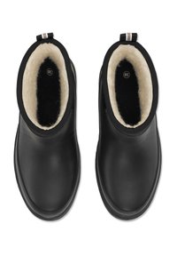 Schwarze wasserdichte Stiefel bis zur Knöchel mit glattem Äußeren, flauschigem Innenfutter und Zuglasche; Größe 38; kreisförmiges Logo auf der Innensohle.