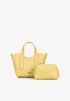 Yellow leather handbag with dual handles and a matching rectangular zippered pouch, both branded Wittchen, against a white background.