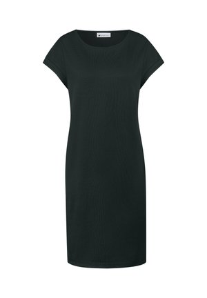 Robe noire longueur genou avec manches courtes retroussées et col rond, présentée sur un fond blanc uni.