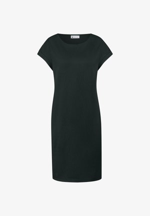 Robe noire longueur genou avec manches courtes retroussées et col rond, présentée sur un fond blanc uni.