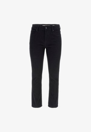 Black denim jeans with a straight cut, featuring a five-pocket design, front button closure, and a smooth texture.