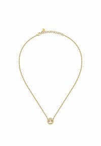 Collana in oro con un pendente circolare che presenta un design ad albero. Catena semplice a maglie con chiusura e allungamento per lunghezza regolabile.