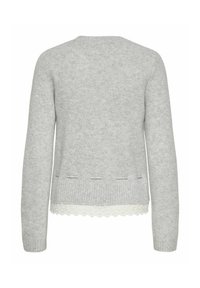 Cardigan in maglia grigia chiara con maniche lunghe, orlo a coste e profilo in pizzo bianco ondulato sul fondo. Senza chiusure, design semplice.