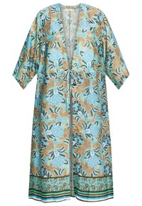 Bloemige kimono in tinten van blauw en groen op een beige achtergrond, met een striktaille, korte mouwen en een patroonrand aan de onderkant.