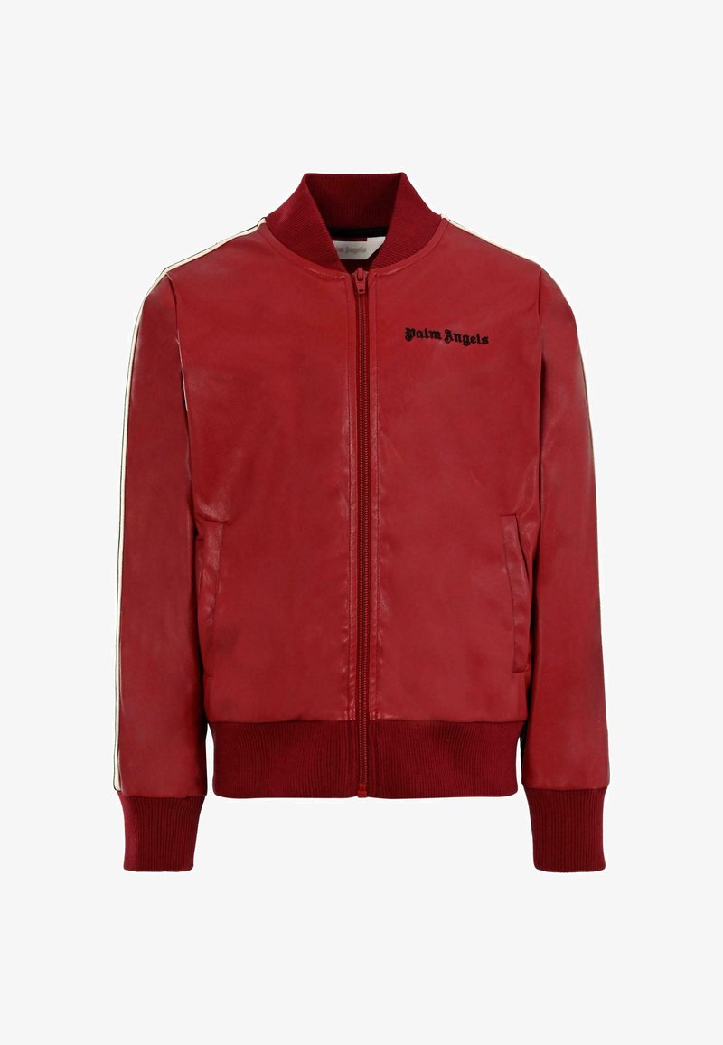Rode leren bomberjack met ribgebreide boorden en kraag. Bevat zwart 'Palm Angels' logo en witte zijstrepen. Glad textuur, ritssluiting.