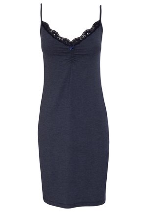 Nocna sukienka w kolorze granatowym z miękkiego materiału, z koronkowym wykończeniem wzdłuż dekoltu w serek, marszczoną detalem na biuście oraz regulowanymi ramiączkami.