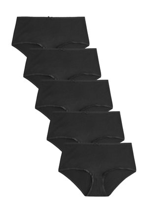 Cinq culottes hipster noires identiques pour femmes avec de petits nœuds sur la taille avant, disposées en disposition verticale décalée sur fond blanc.