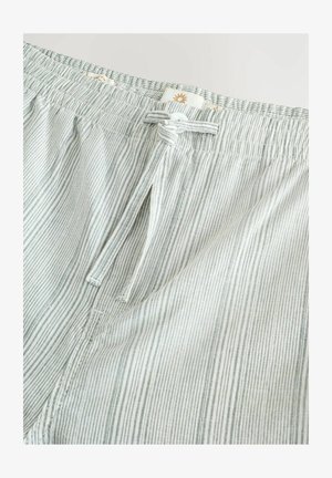 Prugasti svetlozeleni in beli kratki hlače z elastiko v pasu, z vrvico na zapiranju in oznako z logotipom sonca. Bombažni material.