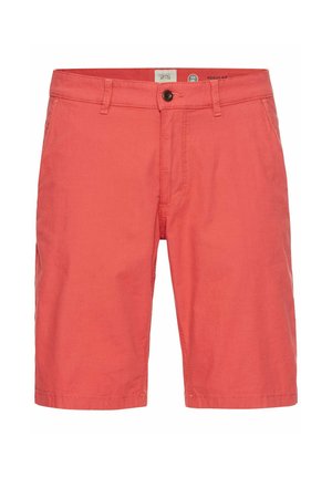 Koraalrode shorts van lichtgewicht stof, met een knoopsluiting, riemlussen en voortassen. Zachte textuur met nette stiksels.