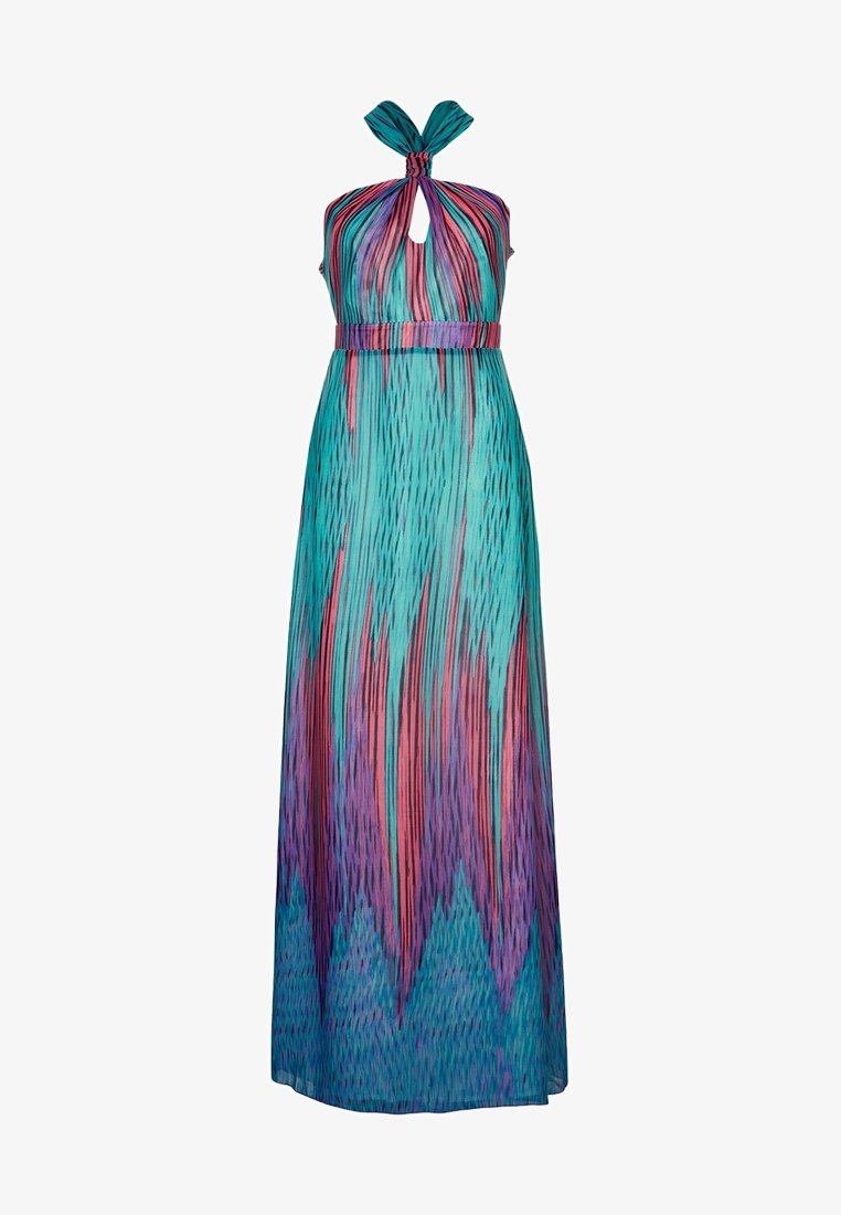 Robe maxi à encolure américaine avec des stries verticales bleu sarcelle, violettes et roses, et une découpe en trou de serrure sous l'encolure torsadée.