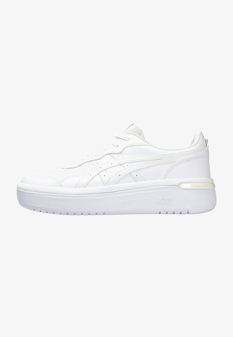 White athletic shoe with smooth leather upper, round toe, lace closure, and a thick rubber sole. Features subtle branding and minimal perforations.