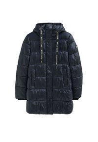 Fodrad marinblå jacka med huva, med dragkedjestängning, två framfickor och strukturerad tyg. Dekorerad med "POLO CLUB" dragsnören.