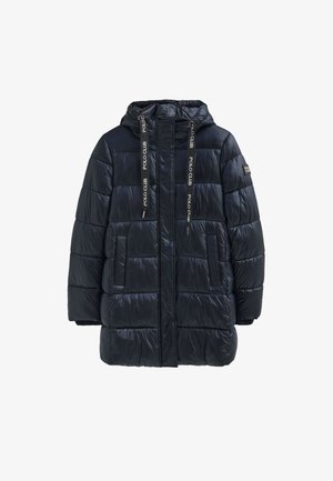 Veste rembourrée bleu marine avec capuche, dotée d'une fermeture éclair, de deux poches avant et d'un tissu texturé. Accentuée par des cordons "POLO CLUB".