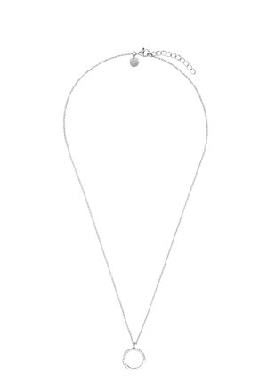 Silver chain necklace with a small circular pendant partially encrusted with tiny clear stones, featuring an adjustable clasp.