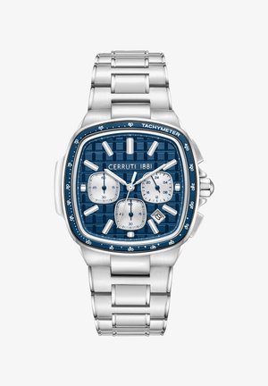 Orologio Cerruti 1881 con cassa quadrata in acciaio inossidabile, quadrante blu testurizzato, sottoquadranti cronografici argentati e bracciale in metallo a maglie.