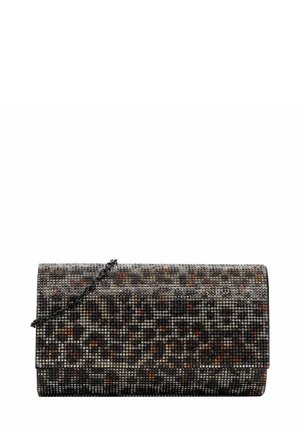 Metallic clutch bag featuring a structured design, embellished with small, shiny studs in various colors, and a detachable chain strap.