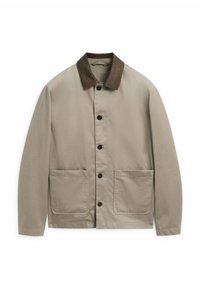 Beige jas met bruine suède kraag, knoopsluiting aan de voorkant en twee grote opgestikte zakken. Gladde stof met een lichte glans.