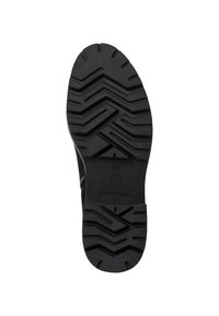 Black rubber shoe sole with a zigzag tread pattern, featuring an embossed logo and size marking. Textured surface for enhanced grip.