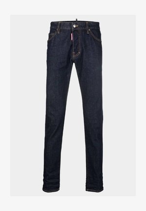 Dark blue denim jeans with a slim fit. Features a zipper fly, five pockets, and contrasting stitching. No visible distressing or embellishments.