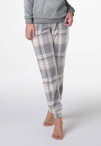 Pantaloni del pigiama a quadri grigi in morbido pile, con motivo a quadretti bianchi e rosa pallido, polsini elasticizzati e una vestibilità comoda.