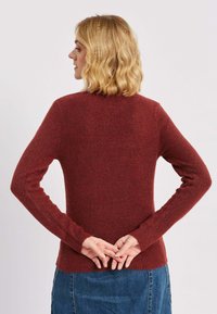 Auzdīts džemperis tumši sarkanā krāsā, ar garām piedurknēm, apaļu kakla izgriezumu un ribotām aprocēm. Aizmugures skats parāda nedaudz sašaurinātu piegriezumu un teksturētu audumu.